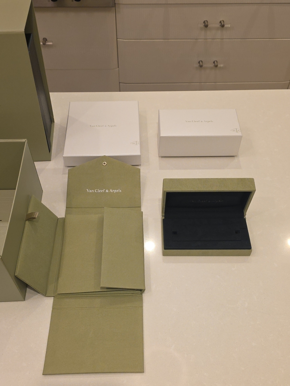 Van Cleef & Arpels Olive Green Jewelry Box and Fold-Out Pouch